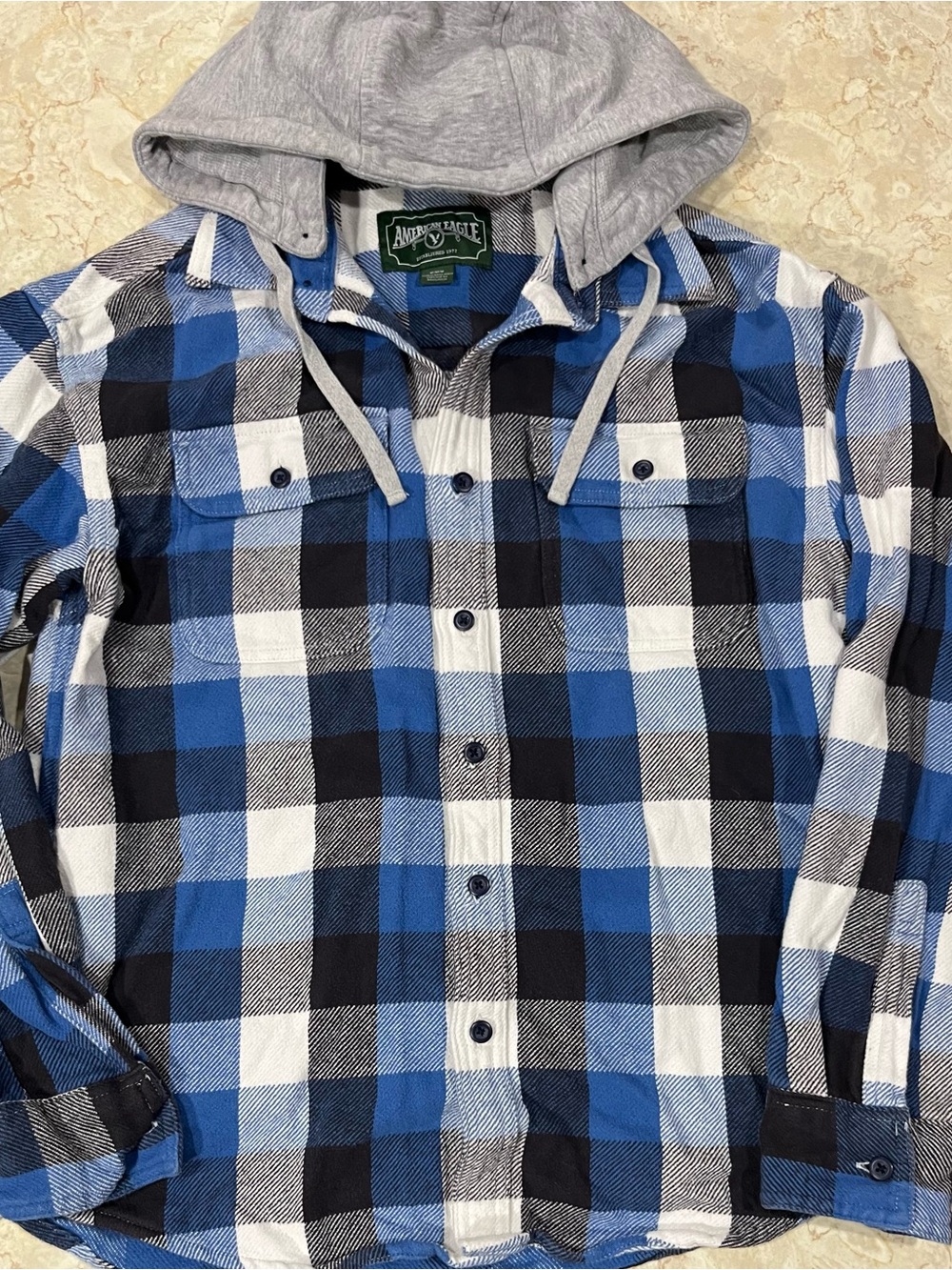 American Eagle Outfitters Blue Black White Plaid Hooded Button-Down Shirt